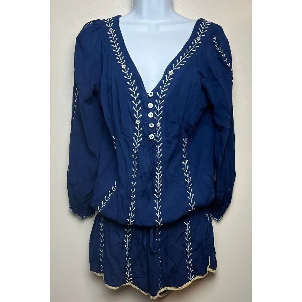 Poupette St. Barth Blue Romper with Embroidery Sz. 2